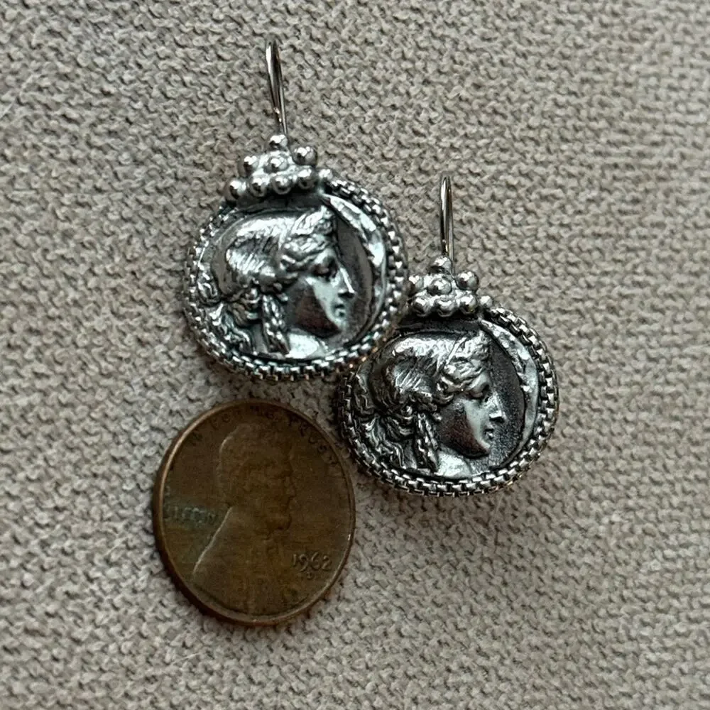VINTAGE Maeve Carr Nee York Art Nouveau Greek Portrait Silver Tone Earrings